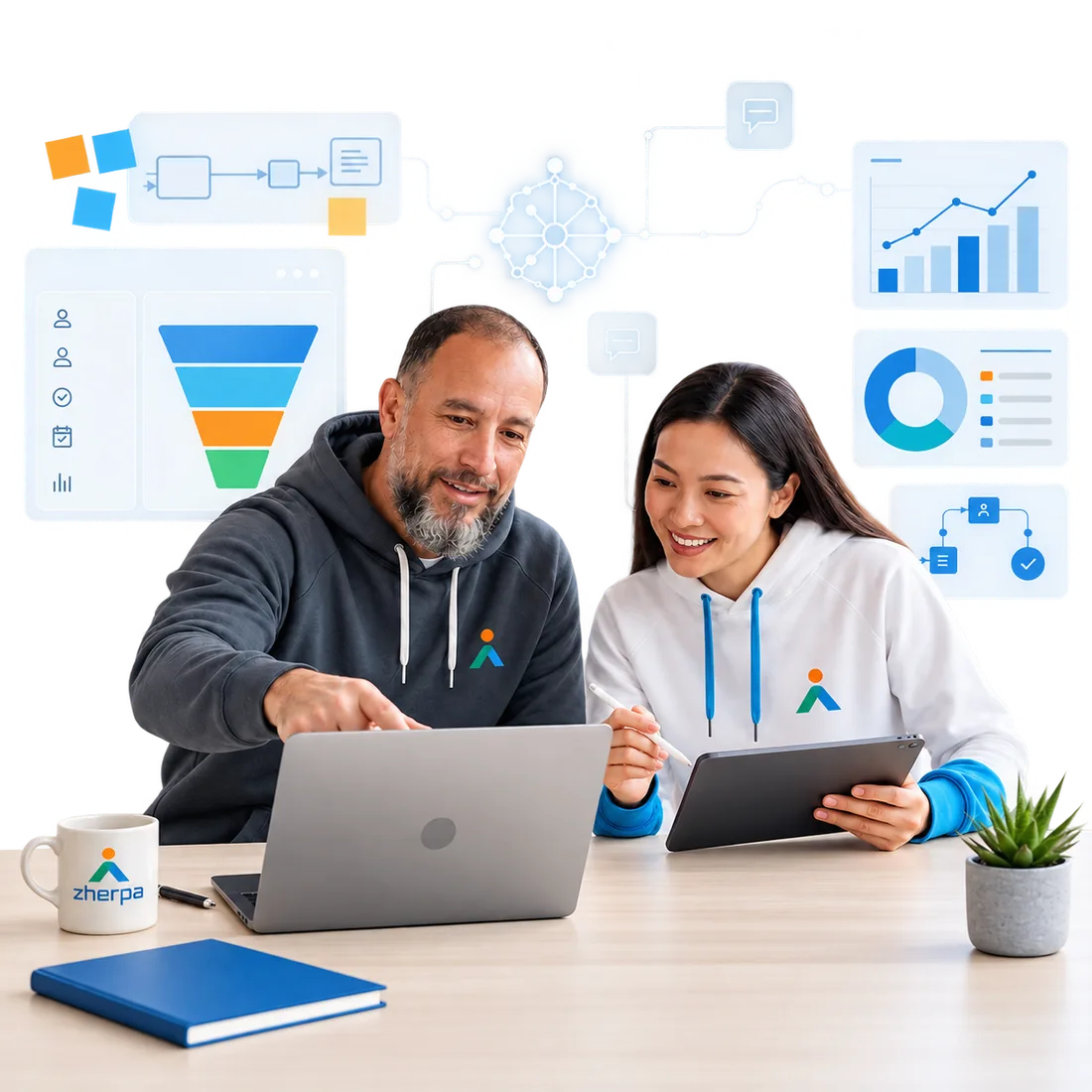 Consultores de Zherpa revisando pipeline, tableros y flujos de un sistema Zoho en laptop y tableta.