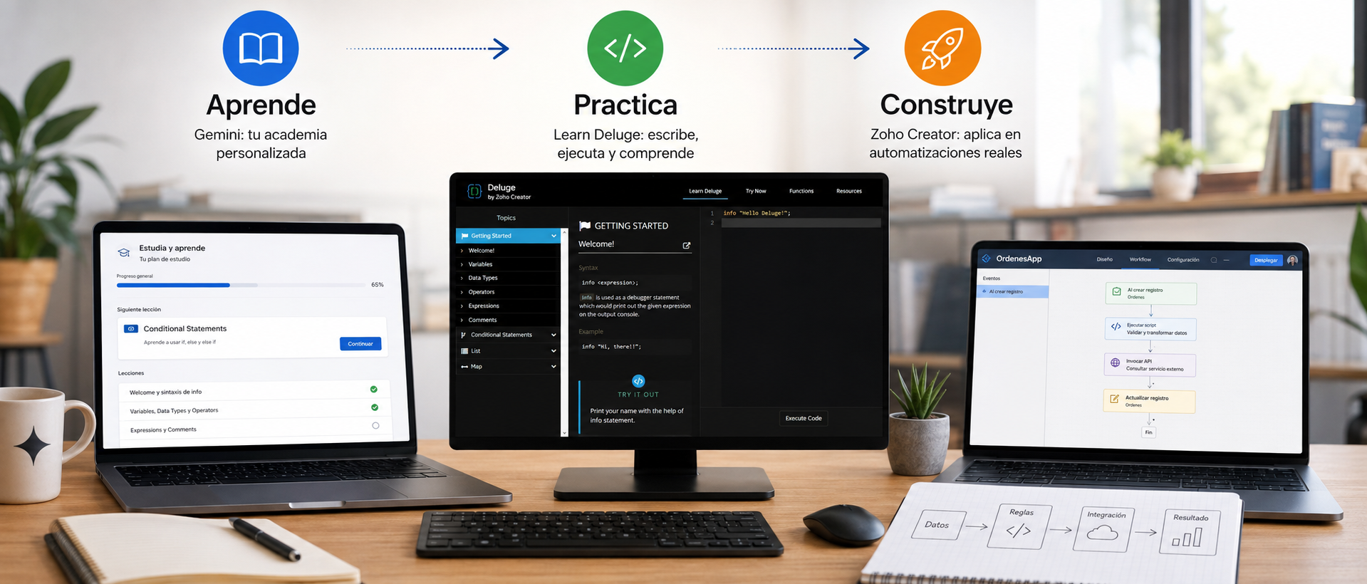Ruta visual para aprender Zoho Deluge: Gemini como academia, Learn Deluge como laboratorio de código y Zoho Creator para construir automatizaciones.