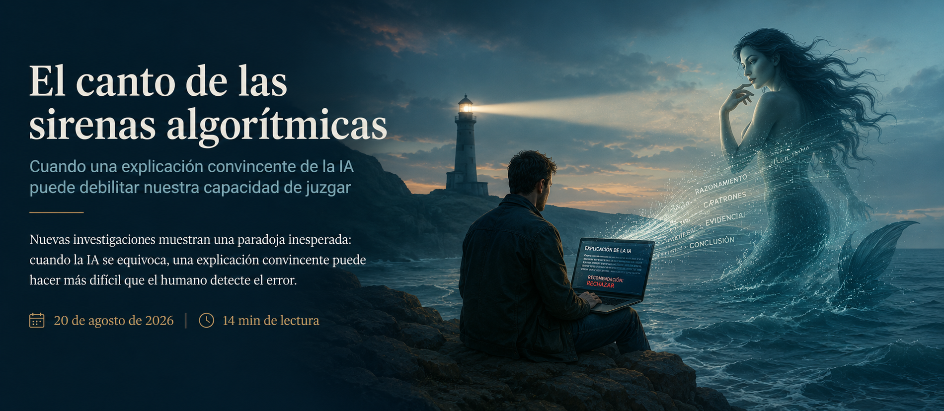 Ilustración editorial de una persona frente al mar observando una figura de sirena formada por datos, sobre el riesgo persuasivo de las explicaciones de IA.