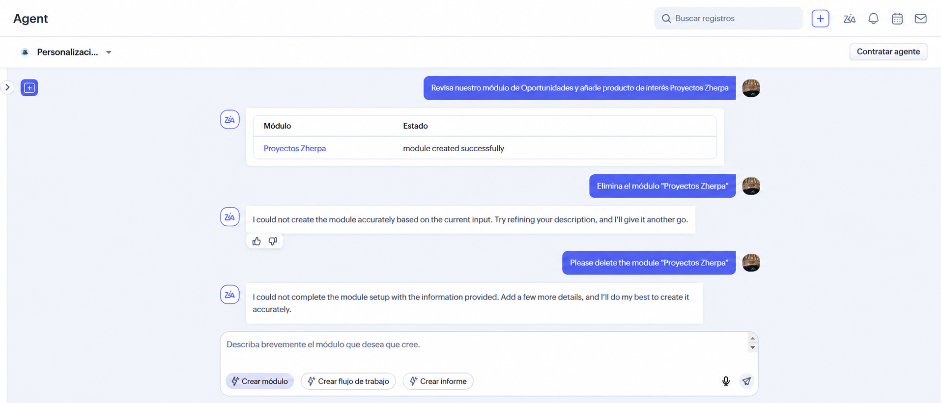 Le pedimos a Zia añadir un valor en Zoho CRM. Creó un módulo completo