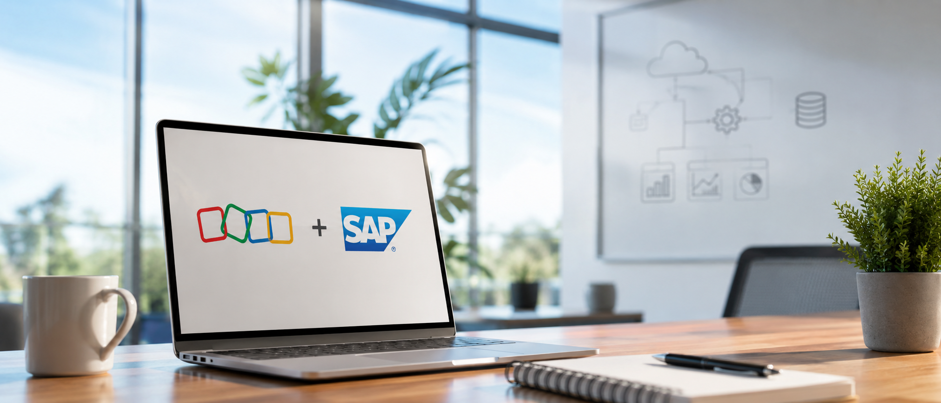 Zoho Creator y SAP representados en una estación de trabajo, ilustrando una arquitectura de extensión low-code conectada con SAP.
