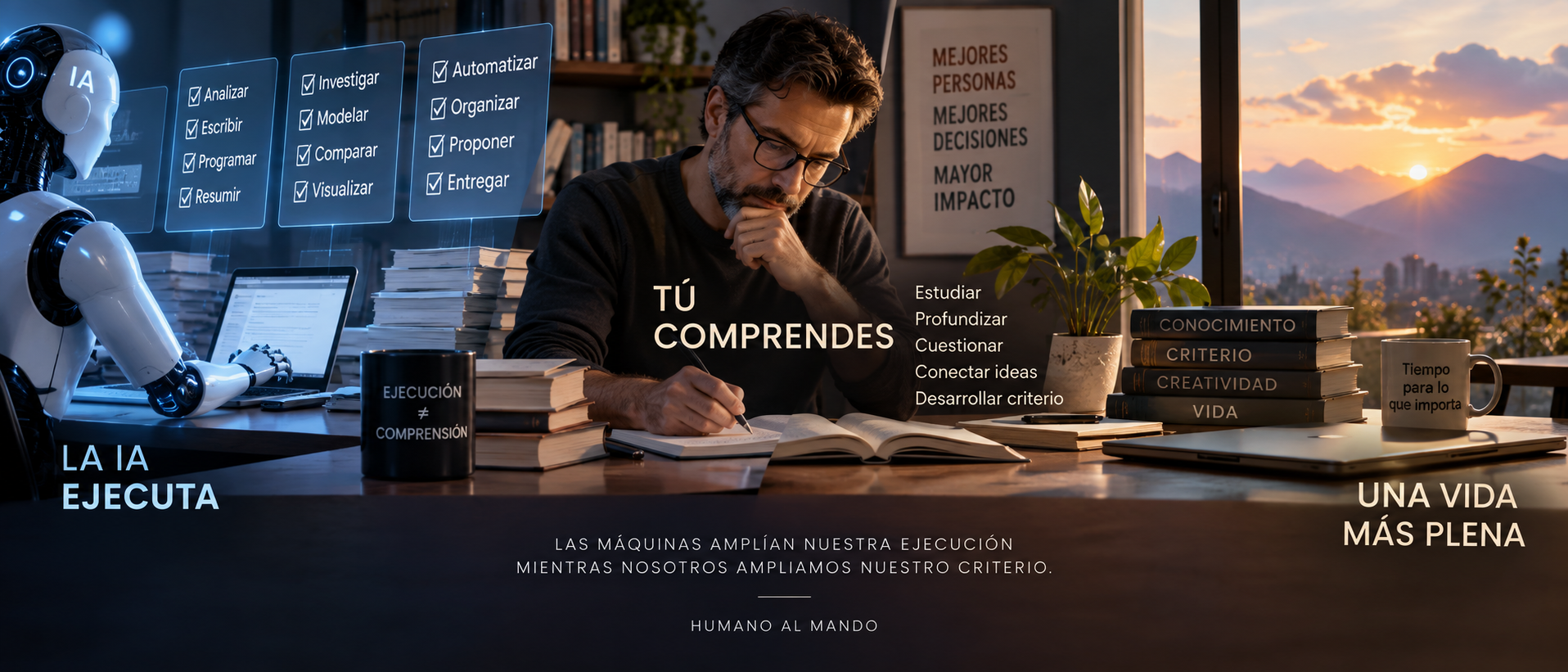 La IA ejecuta mientras una persona estudia y desarrolla comprensión y criterio con el tiempo liberado.